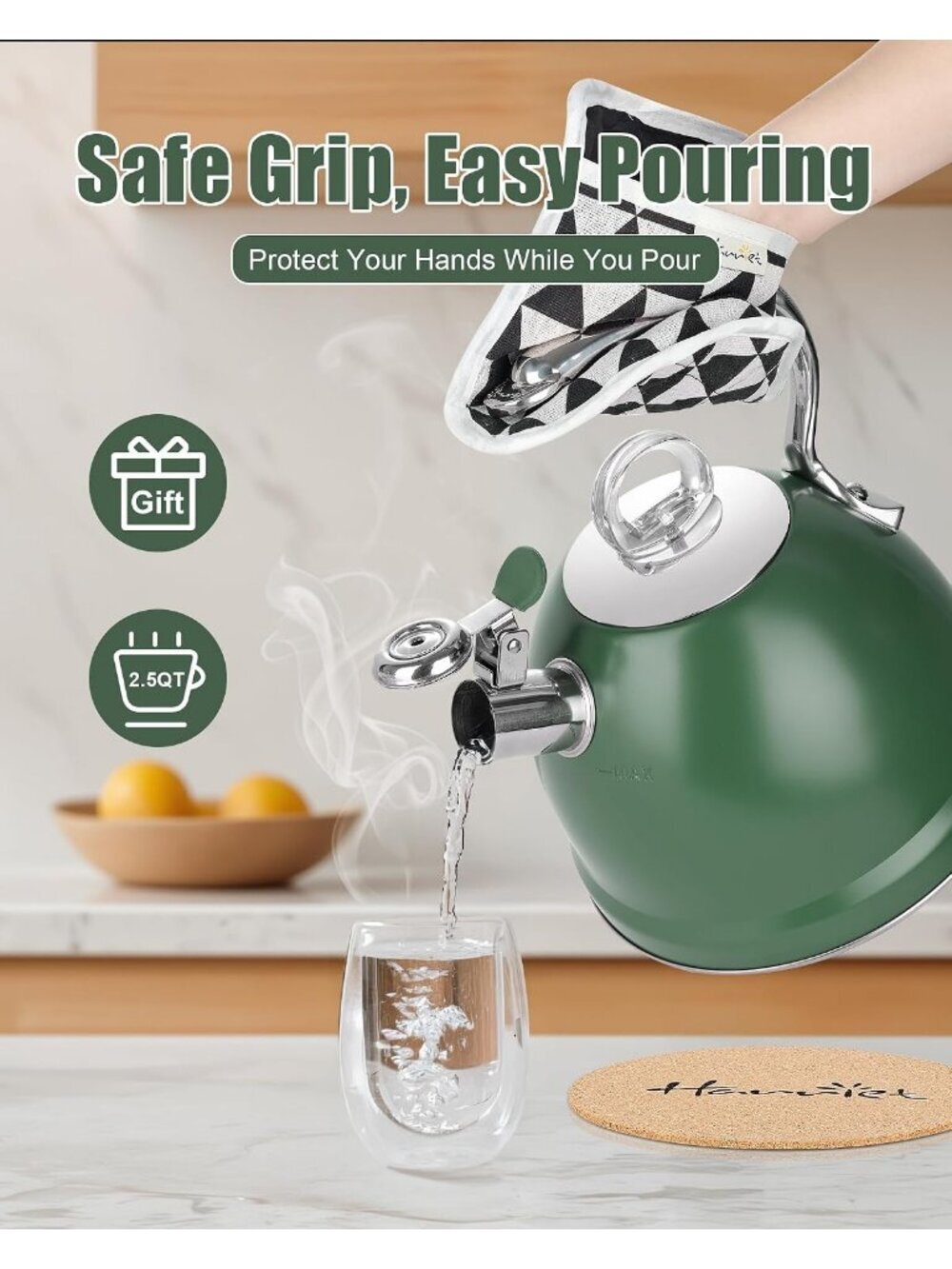 2.5 Qt Stainless Steel Whistling Tea Kettle for Gas, Electric Induction Green - Picture 5 of 7